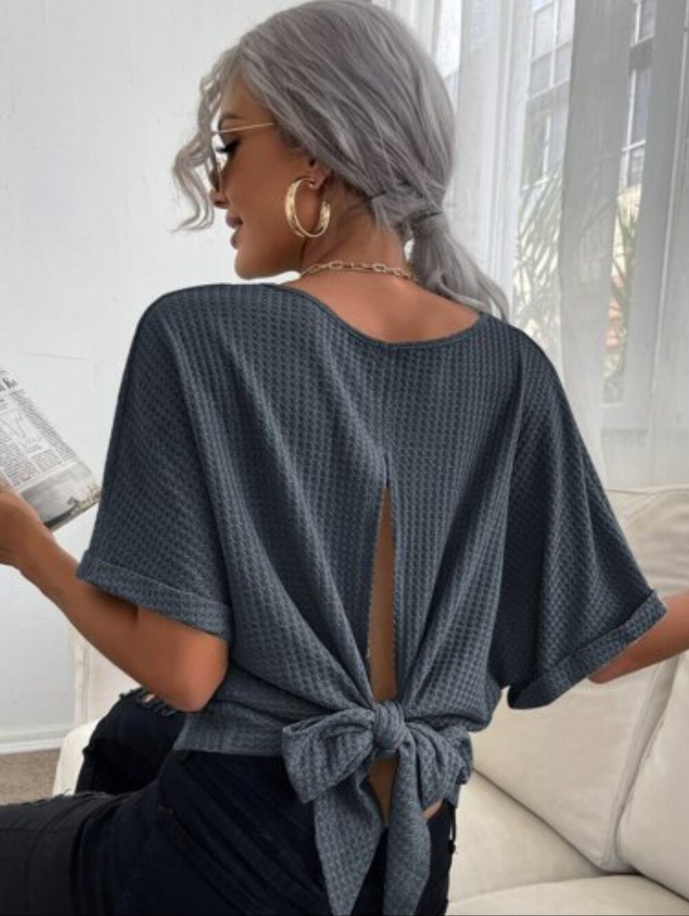 SHEIN Charcoal Gray Waffle Knit Tie-Front Short Sleeve Top